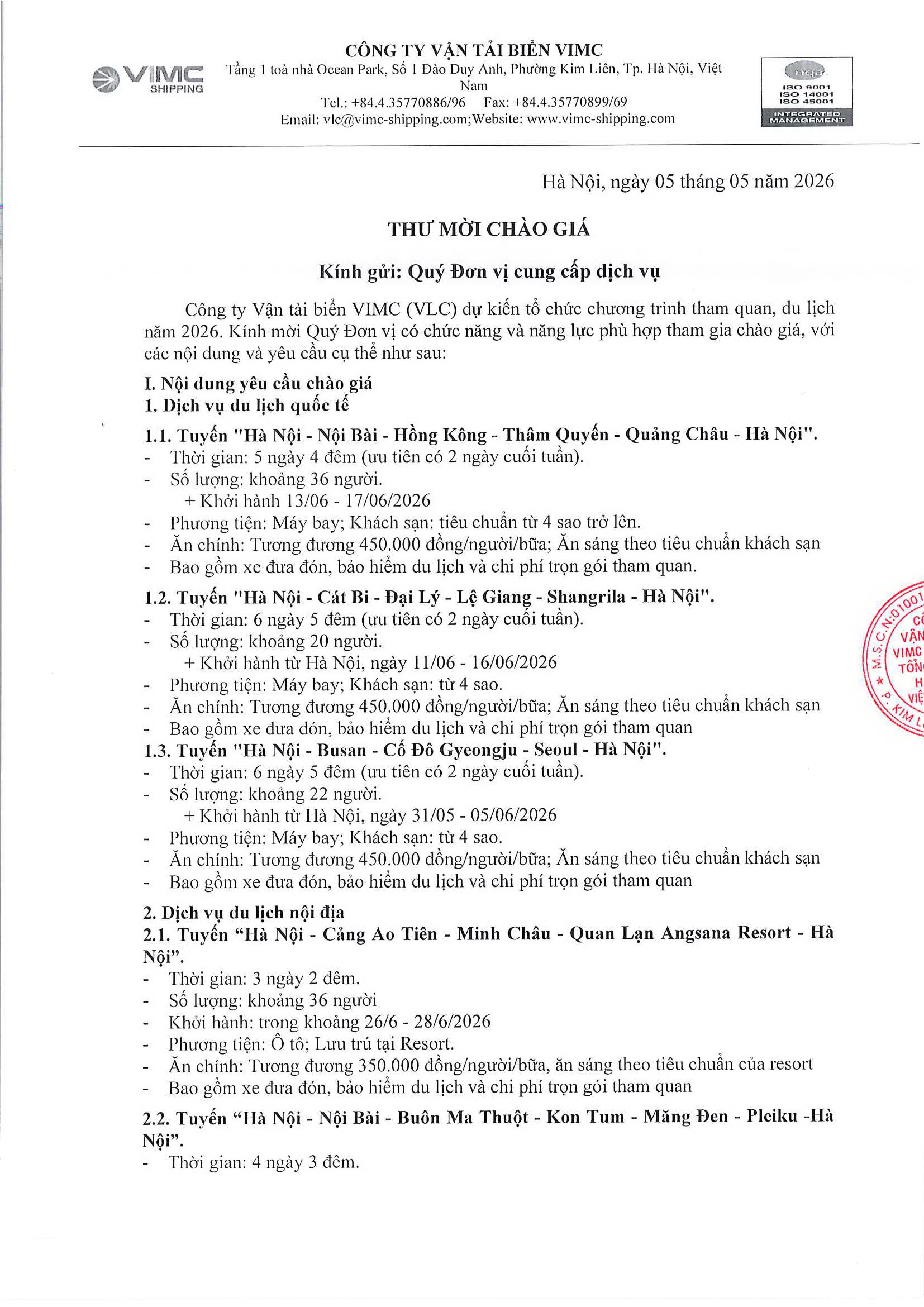 Thư mời chào giá du lịch